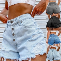 Casual Frayed Buttoned Old Washed Denim Hot Shorts