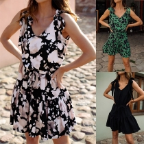 Fashion Floral Printed V-neck Self-tie Tiered Dress