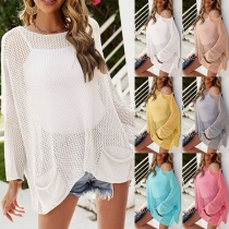 Casual Solid Color Fishnet Swim Cover-up Shirt