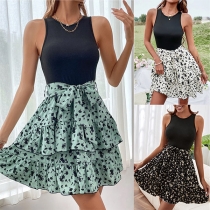 Fashion  Contrast Color Self-tie Tiered Floral Printed Fit & Flare Dress