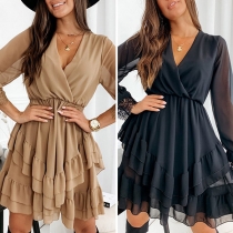 Fashion Solid Color Gauze Spliced Long Sleeve V-neck Ruffled Tiered Dress