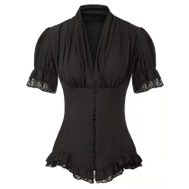 Vintage Ruched Short Sleeve V-neck Buttoned Ruffled Hemline Shirt