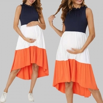 Fashion Contrast Color Ruffle High-low Hemline Maternity Dress