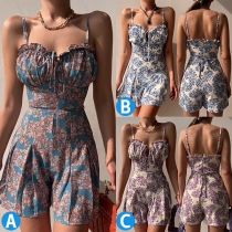 Fashion Floral Printed Self-tie Sweetheart Neck Cami Romper