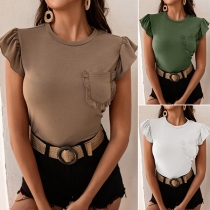 Casual Solid Color Ruffled Cap Sleeve Round Neck Shirt