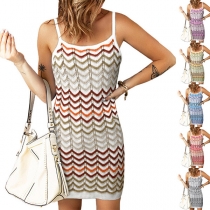 Casual Contrast Color Wavy Printed Knitted Bodycon Slip Dress