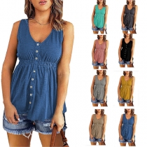 Casual Solid Color V-neck Buttoned Sleeveless Shirt
