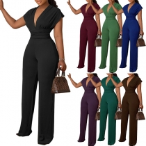 Sexy Solid Color V-neck Sleeveless High-waist Wide-leg Jumpsuit