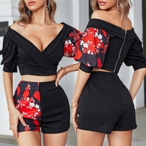 Sexy Floral Printed Two-piece Set Consist of Off-the-shoulder Ruched Crop Top and High Waist Shorts