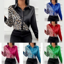 Fashion Contrast Color Leopard Printed Long Sleeve Polo Neck Blouse