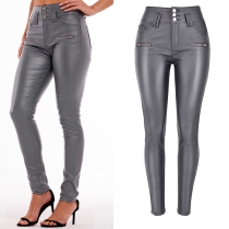 Fashion High-Waist Slim Fit Stretch PU Artificial Leather Gray Pants