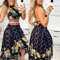 Fashion Floral Printed Two-piece Set Consist of Backless Crop Top and Slit Skirt