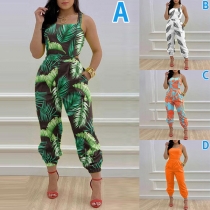 Bohemia Style Floral Printed High Waist Backless Cross-criss Jumpsuit