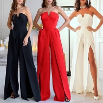 Sexy Solid Color Strapless Slit Wide-leg Jumpsuit for Party Wedding Dating