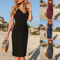 Casual Solid Color V-neck Ruched Self-tie Summer Dress