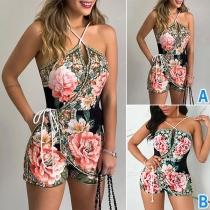 Sexy Floral Printed Backless Halter Wrap Romper