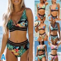 Fashion Semi-through Gauze Spliced Stripe Pattern Floral Printed Bikini Set