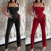 Fashion Solid Color Sweetheart Self-tie Beaded Slim-fit Jumpsuit