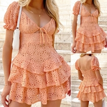 Fashion Solid Color V-neck Short Sleeve Tiered Lace Dress