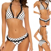 Fashion Polka-dot Printed Pom-pom Tassel Bikini Set consist of Halter Bikini Top and Low-rise Bikini Bottom
