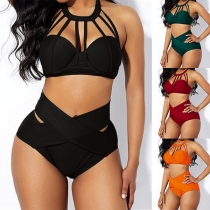 Fashion Solid Color Bikini Set Consist of Cutout Halter Bikini Top and High-rise Cross-criss Bikini Bottoms