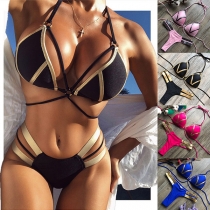 Sexy Contrast Color Cutout Halter Bikini Set