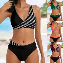 Fashion Contrast Color Stripe Printed Bikini Set