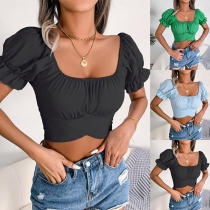 Fashion Solid Color Short Sleeve Crop Top