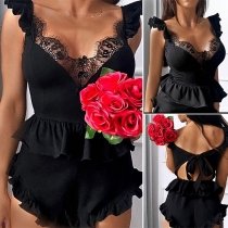 Sexy Black Lace Spliced Back-tie Ruffle Two-piece Loungewear Nightwear Set