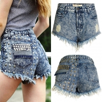 Vintage Old-washed Rivet Frayed Hot Shorts