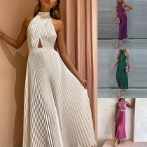 Fashion Solid Color Cutout Backless Halter Pleated Party Dress