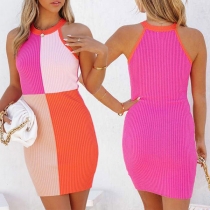 Fashion Contrast Color Ribbed Bodycon Dress