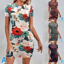 Fashion Floral Printed Round Neck Short Sleeve Bodycon Dress