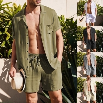 Fashion Solid Color Two-piece Set for Men Consist of Short Sleeve Shirt and Drawstring Shorts