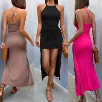Fashion Solid Color Sleeveless Criss-cross Backless Ruched High-low Hemline Dress
