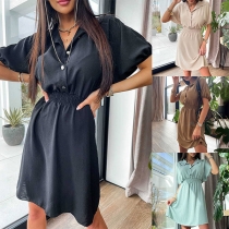 Fashion Solid Color Short Sleeve Buttoned Elastic Waist Mini Dress