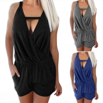 Sexy Solid Color Cutout V-neck Sleeveless Romper