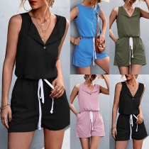 Fashion Solid Color Lapel Buttoned V-neck Drawstring Romper