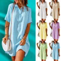 Fashion Plaid Polo Neck Short Sleeve Blouse Dress