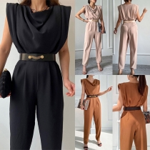 Fashion Solid Color Sleeveless Draped Neckline Jumpsuit with Belt