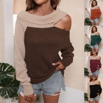Fashion Contrast Color Rolled Round Neck Open-shoulder Long Sleeve Pullover Sweater