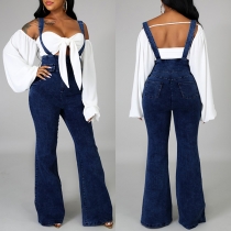 Vintage High Waist Zipper Wide-leg Denim Suspenders