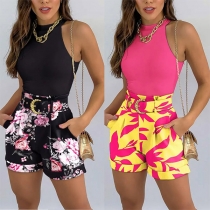 Fashion Two-piece Set Consist of Sleeveless Shirt and Printed Shorts （Without Belt）