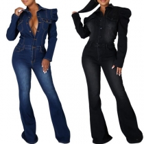 Vintage Old-washed Puff Long Sleeve Polo-neck Buttoned Wide-leg Denim Jumpsuit