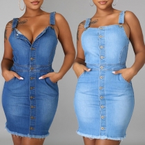 Fashion Old-washed Buttoned Frayed Bodycon Denim Dress