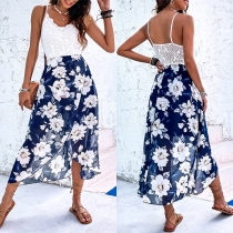 Fashion Lace Spliced Chiffon Floral Printed Slit Slip Dress