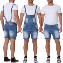Retro Style Low Old-washed Waist Frayed Slim-fit Man's Denim Shorts Overalls