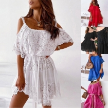 Fashion Lace Spliced Open-shoulder Short Sleeve Mini Dress