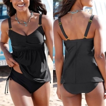 Fashion Black Bikini Set Consist of Swimsuit Top and Mid-rise Bikini Bottom with Side Drawstring