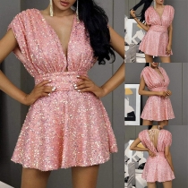 Sexy Plunge V-neck Backless Ruched High-waist Pink Sequin Dress